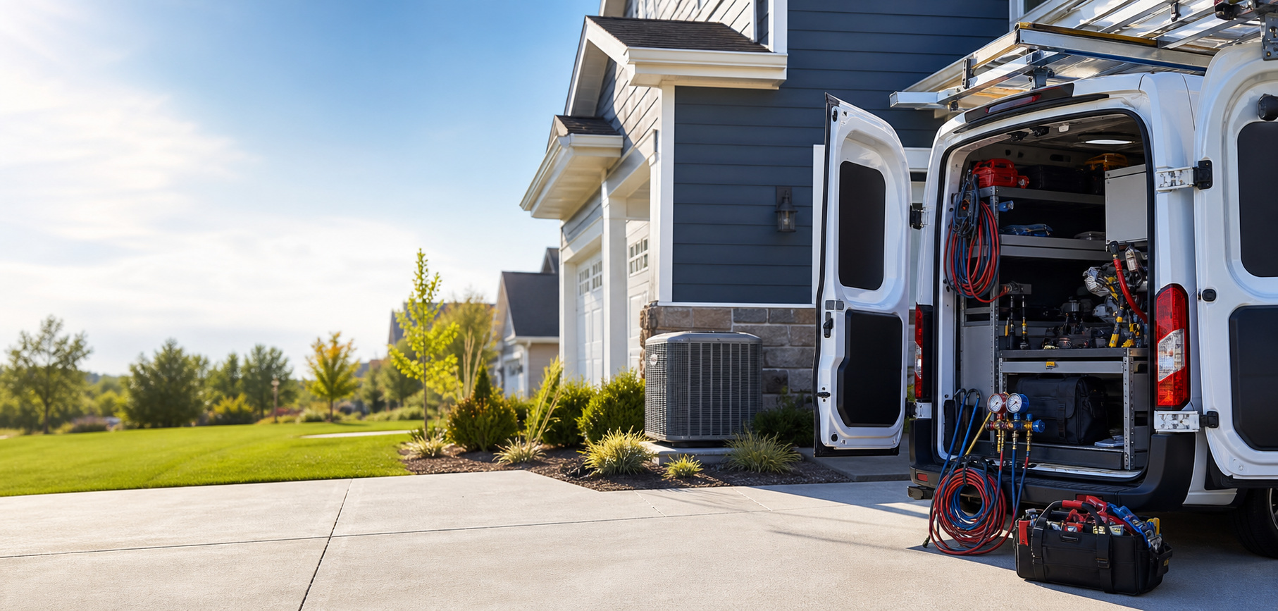HVAC and plumbing service vehicle outside a home